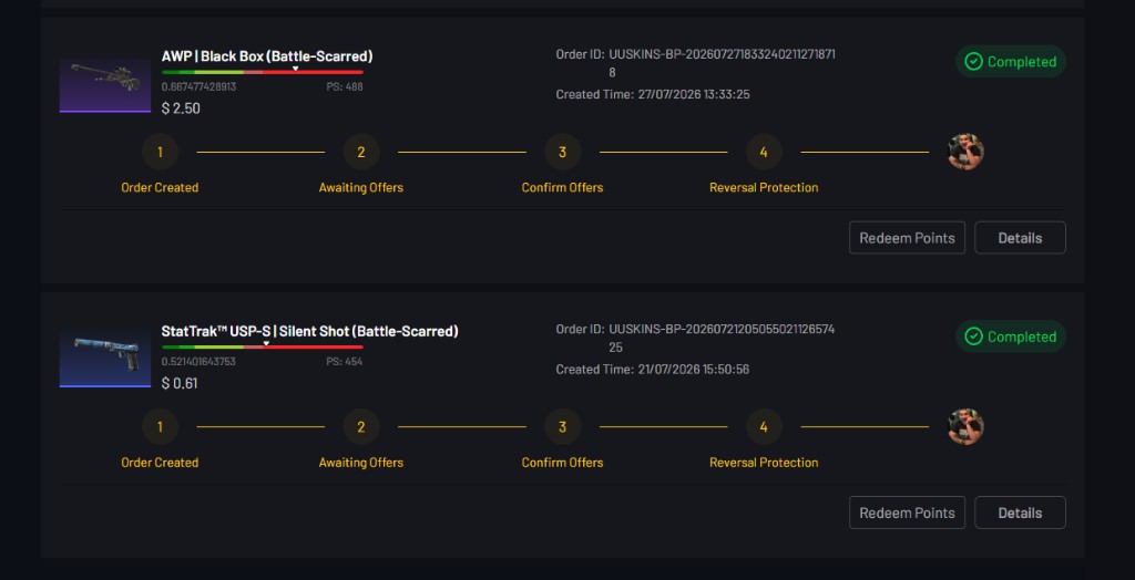 Completed UUSKINS buy orders for AWP Black Box Battle-Scarred and StatTrak USP-S Silent Shot Battle-Scarred