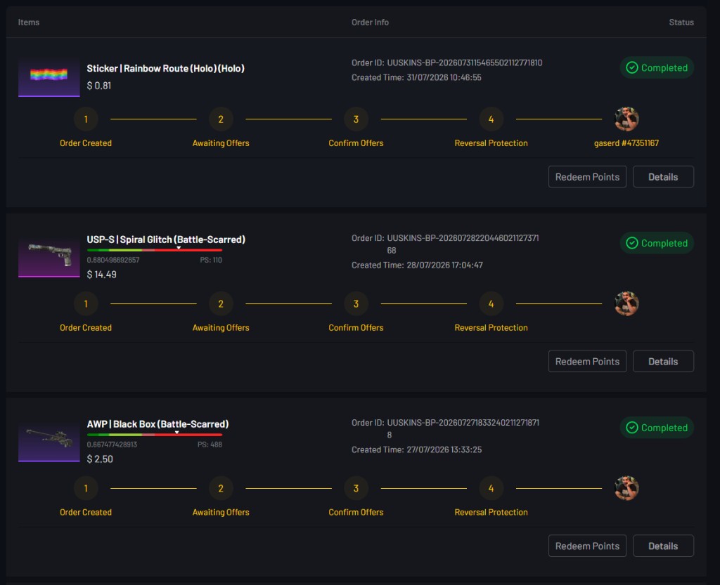 Completed UUSKINS buy orders for Rainbow Route Holo sticker, USP-S Spiral Glitch Battle-Scarred and AWP Black Box Battle-Scarred